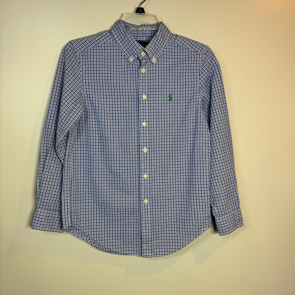 Ralph Lauren Button Down Shirt Long‎ Sleeve Kids Medium Polo Blue Gingham Preppy